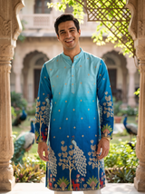 Men's Ombre Blue Peacock & Forest Embroidered Art Silk Kurta 1
