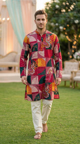Men Maroon Patchwork Printed Ethnic Kurta 4
