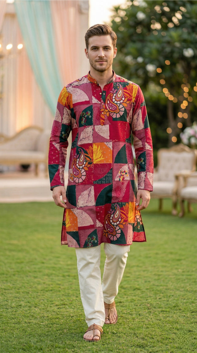 Men’s maroon mandarin-collar printed kurta