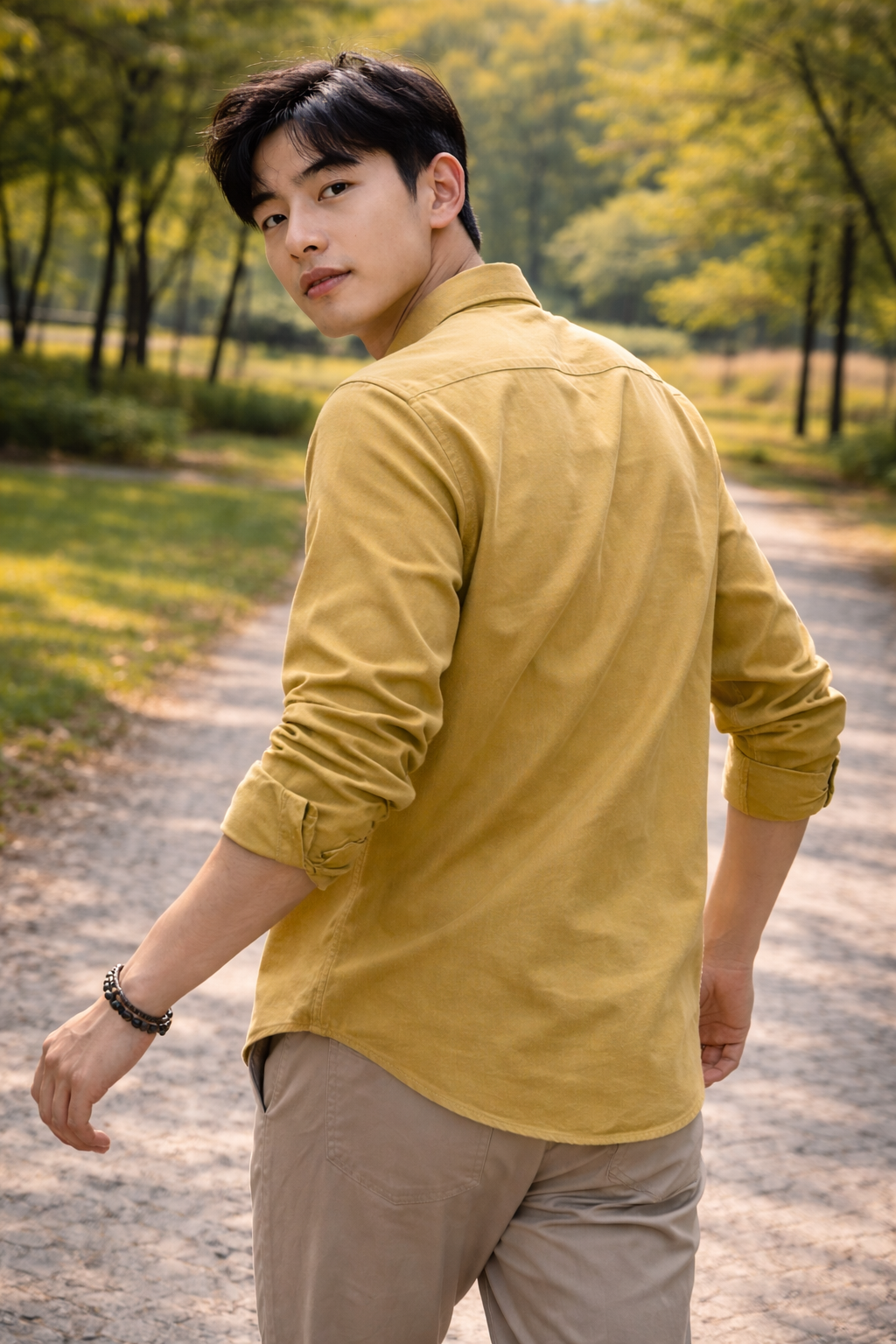 Men's mustard yellow slim-fit casual shirt, product view
