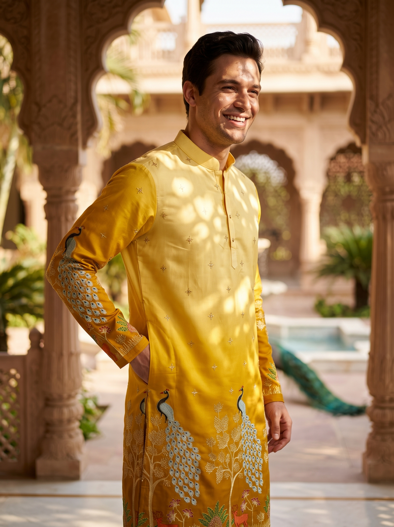 Men's Festive Yellow Ombre Art Silk Kurta with Peacock & Forest Embroidery 5