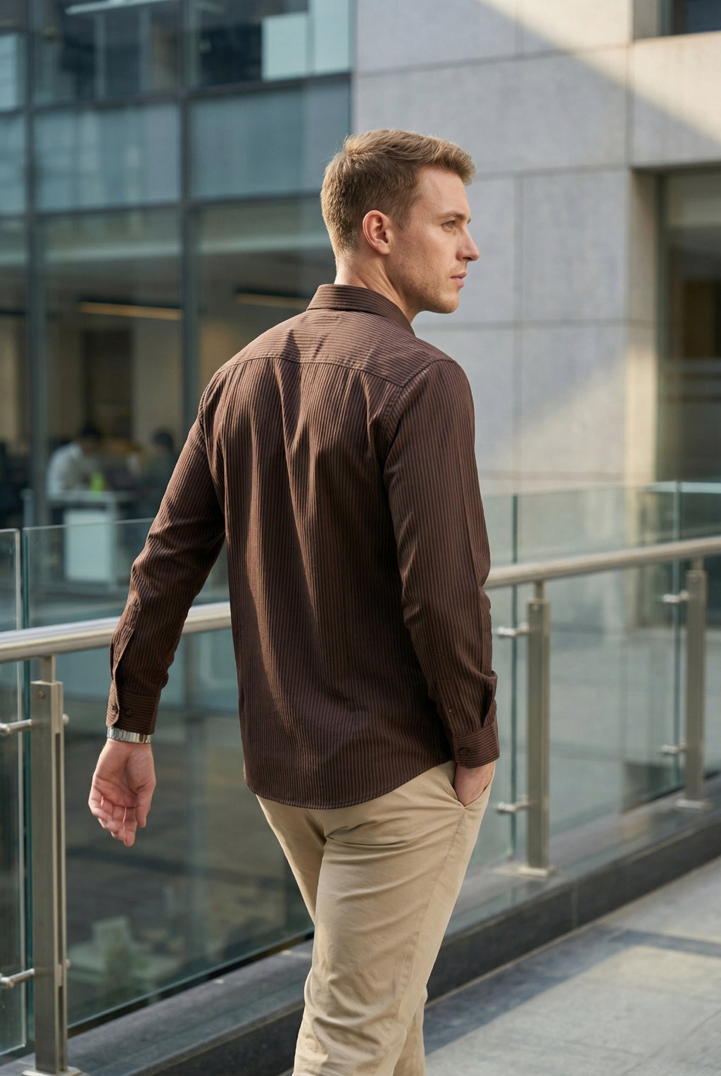 Men Brown Textured Striped Slim Fit Casual Shirt