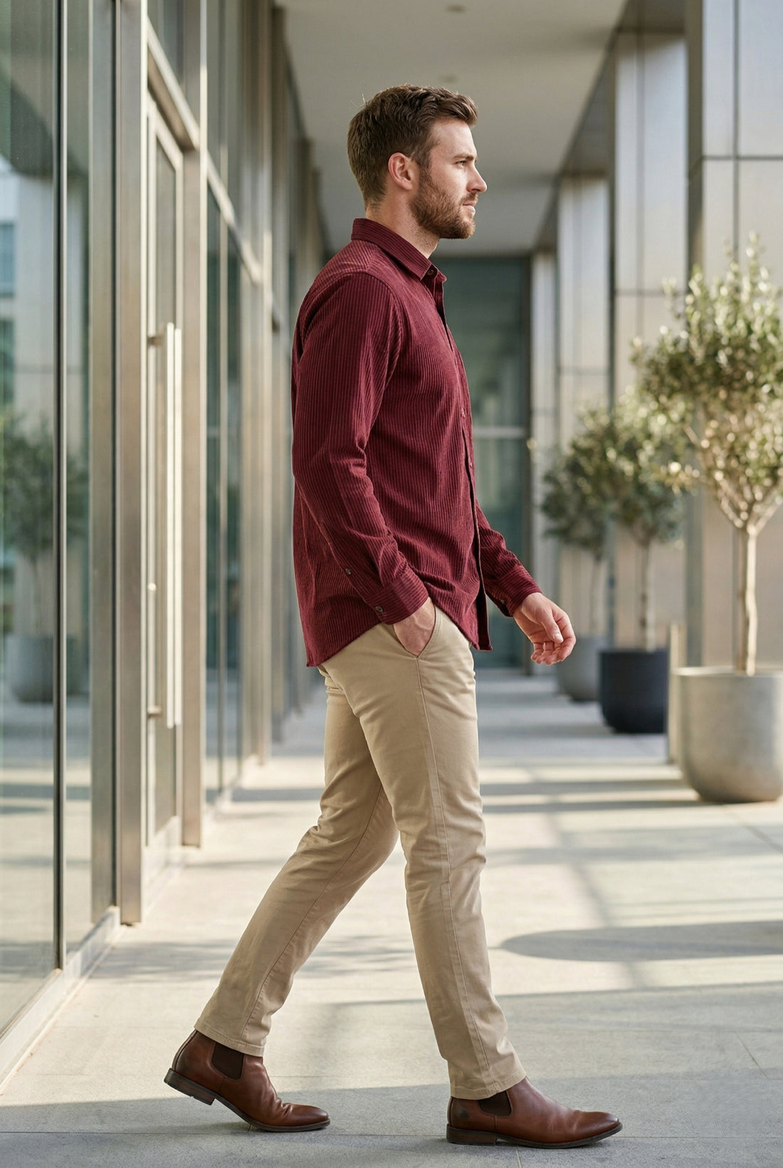 Men Burgundy Textured Striped Slim Fit Casual Shirt