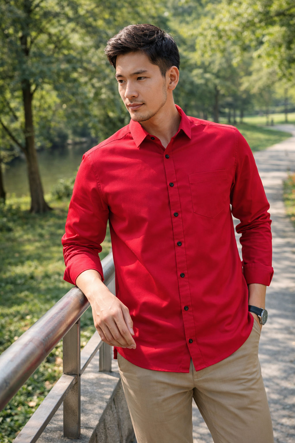Men's classical red slim-fit casual shirt, product view