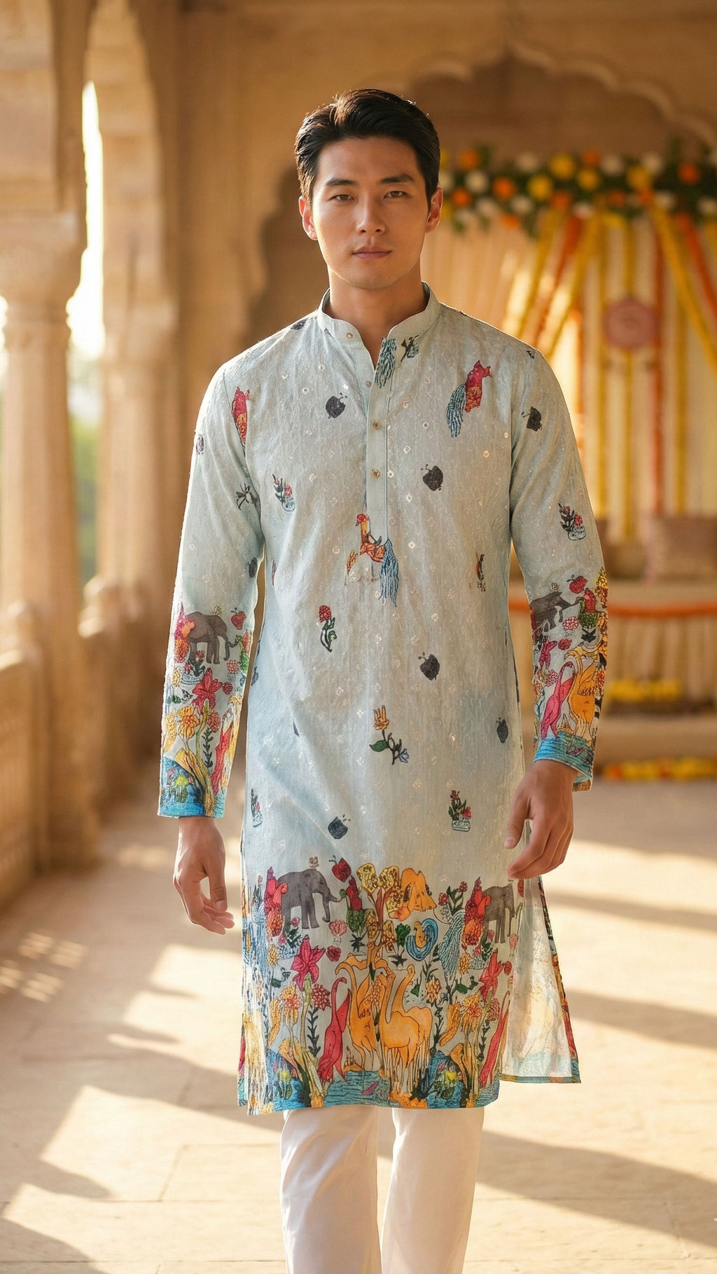 Men Pastel Blue Multicolor Animal & Floral Printed Kurta