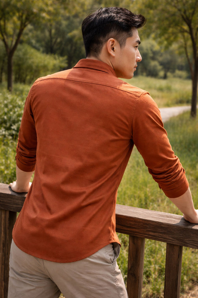 Men's burnt orange slim-fit casual shirt, product view