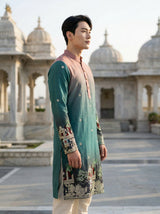 Men's Ombre Teal-Pink Kurta with Intricate Folk Art Embroidery 4