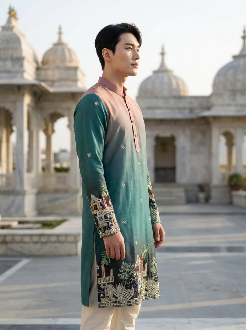 Men's Ombre Teal-Pink Kurta with Intricate Folk Art Embroidery 4