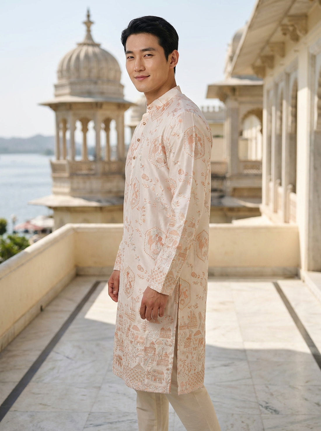 Men's Ivory Embroidered Art Silk Blend Festive Kurta