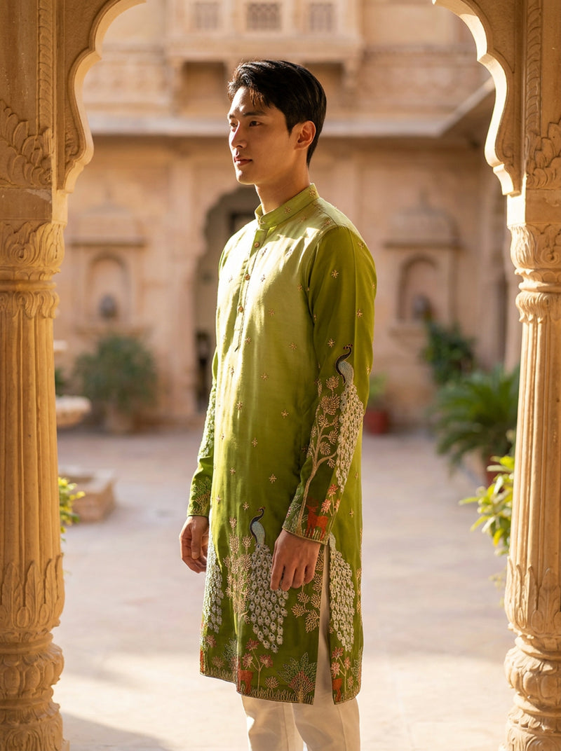 Men's Art Silk Ombre Green Tree of Life Embroidered Kurta 4