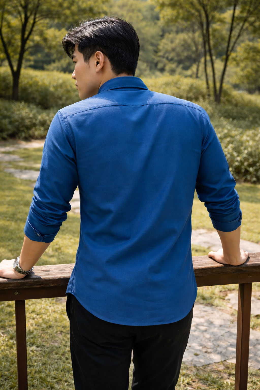 Men's royal blue slim-fit casual shirt, product view