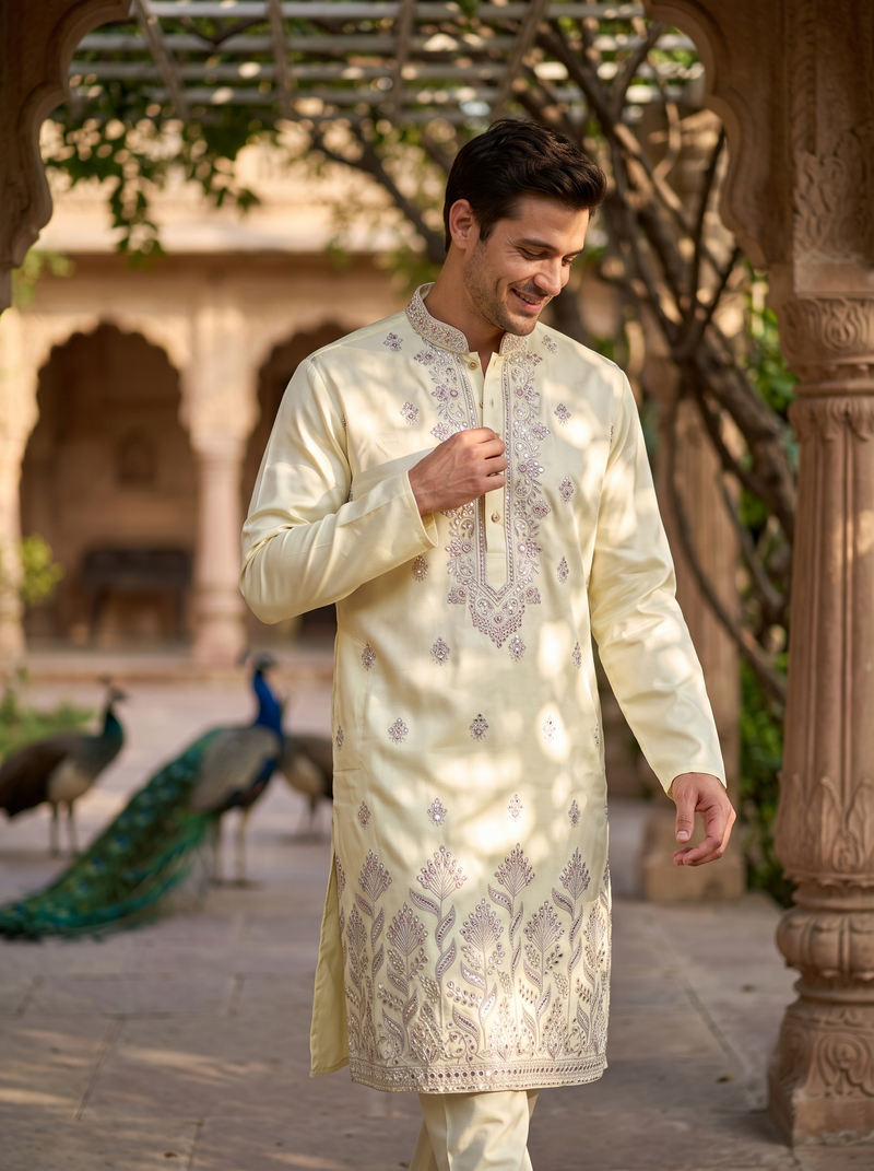 Men's Ivory Art Silk Blend Festive Embroidered Kurta 12