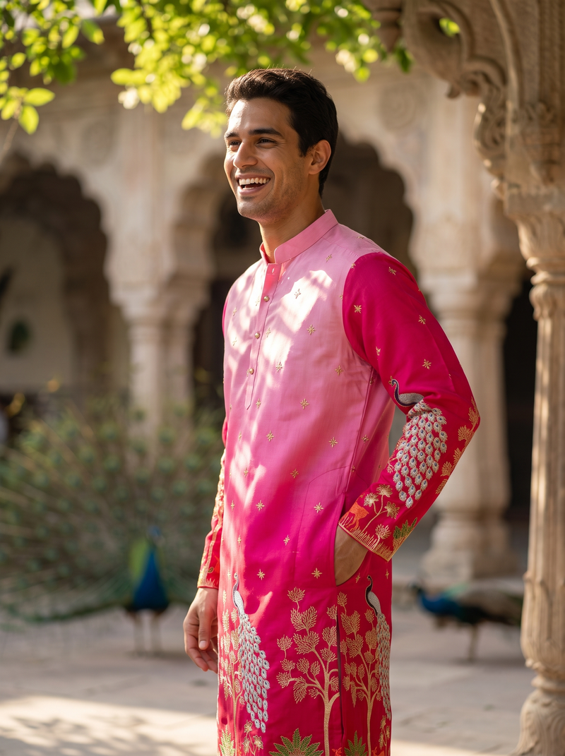 Men's Ombre Pink Peacock Embroidered Art Silk Kurta 4