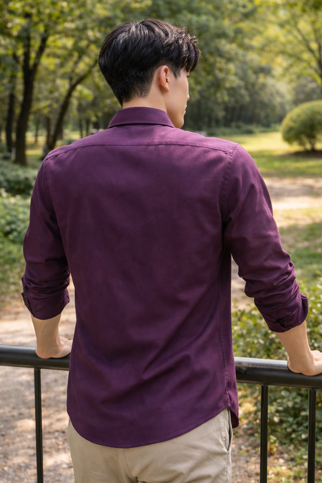 Men's plum slim-fit casual shirt, product view