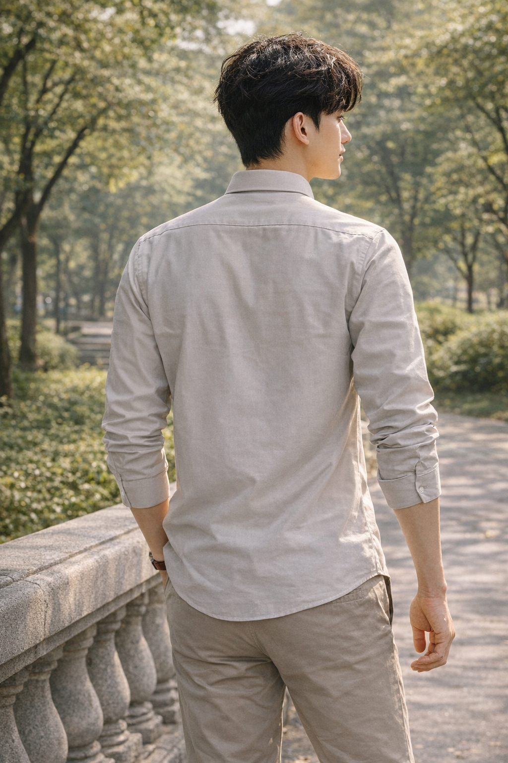 Men's cream slim-fit casual shirt, product view
