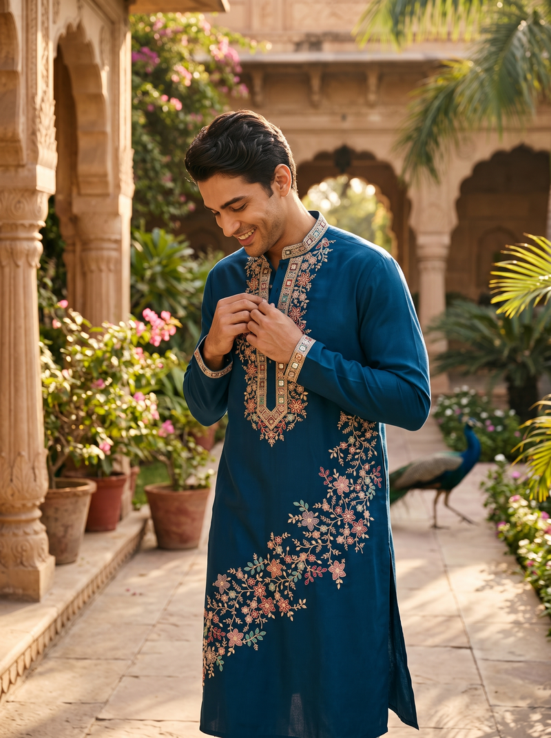 Men's Navy Blue Floral Embroidered Art Silk Blend Kurta Pyjama Set 4