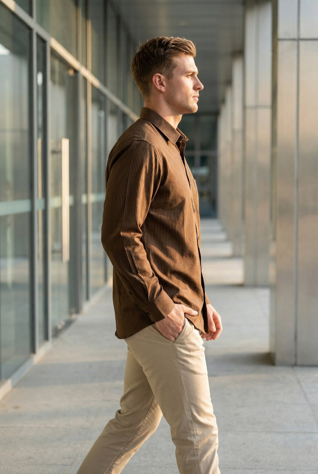 Men Dark Brown Textured Striped Slim Fit Casual Shirt