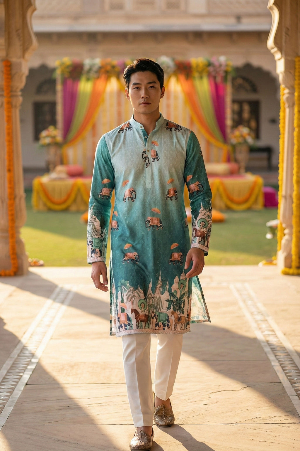 Men Blue Elephant Motif Printed Kurta