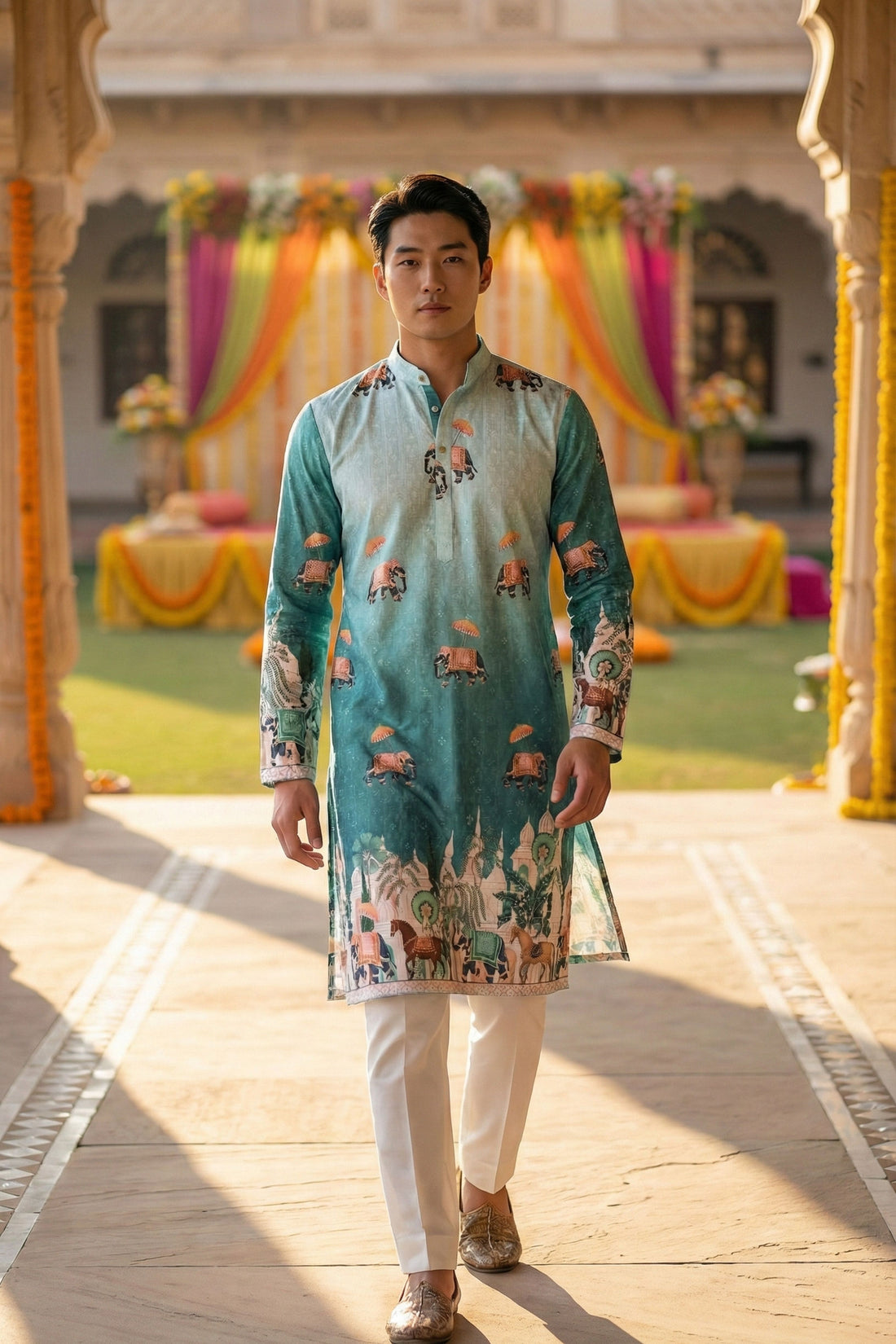 Men’s Blue Elephant Motif Printed Kurta