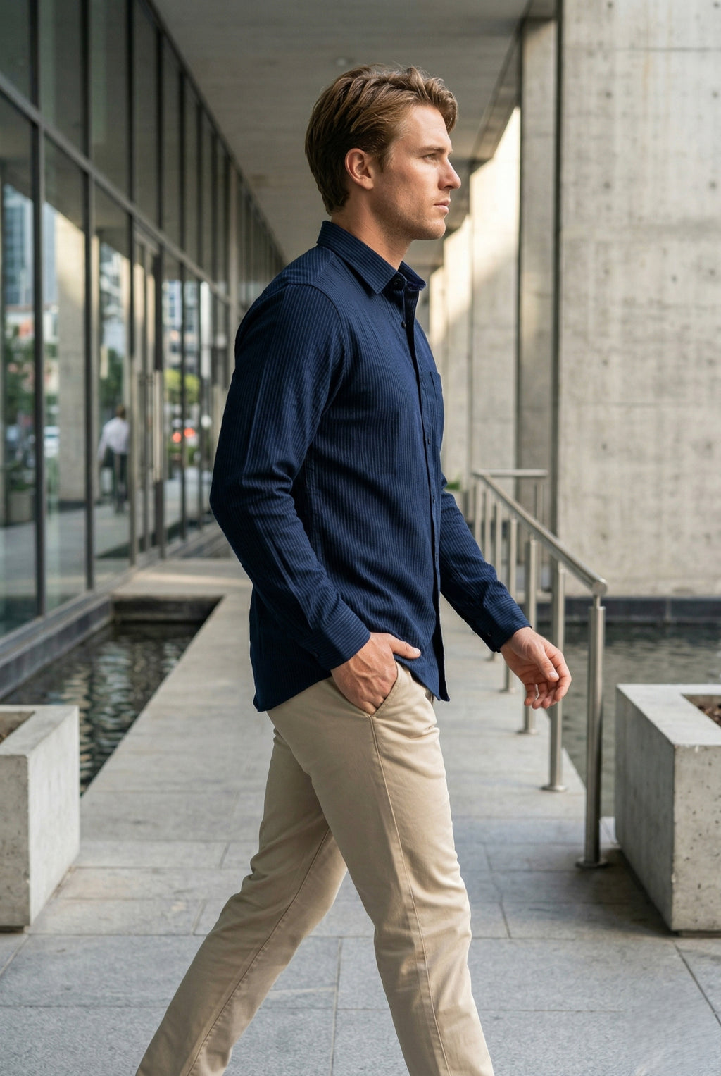 Men Navy Blue Textured Striped Slim Fit Casual Shirt
