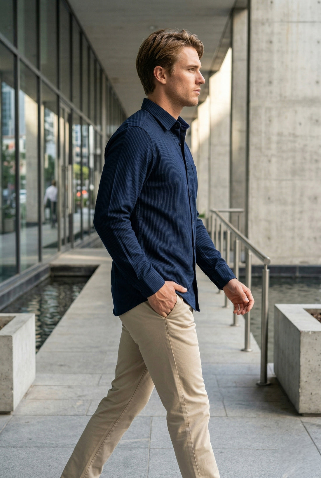 Men Navy Blue Textured Striped Slim Fit Casual Shirt