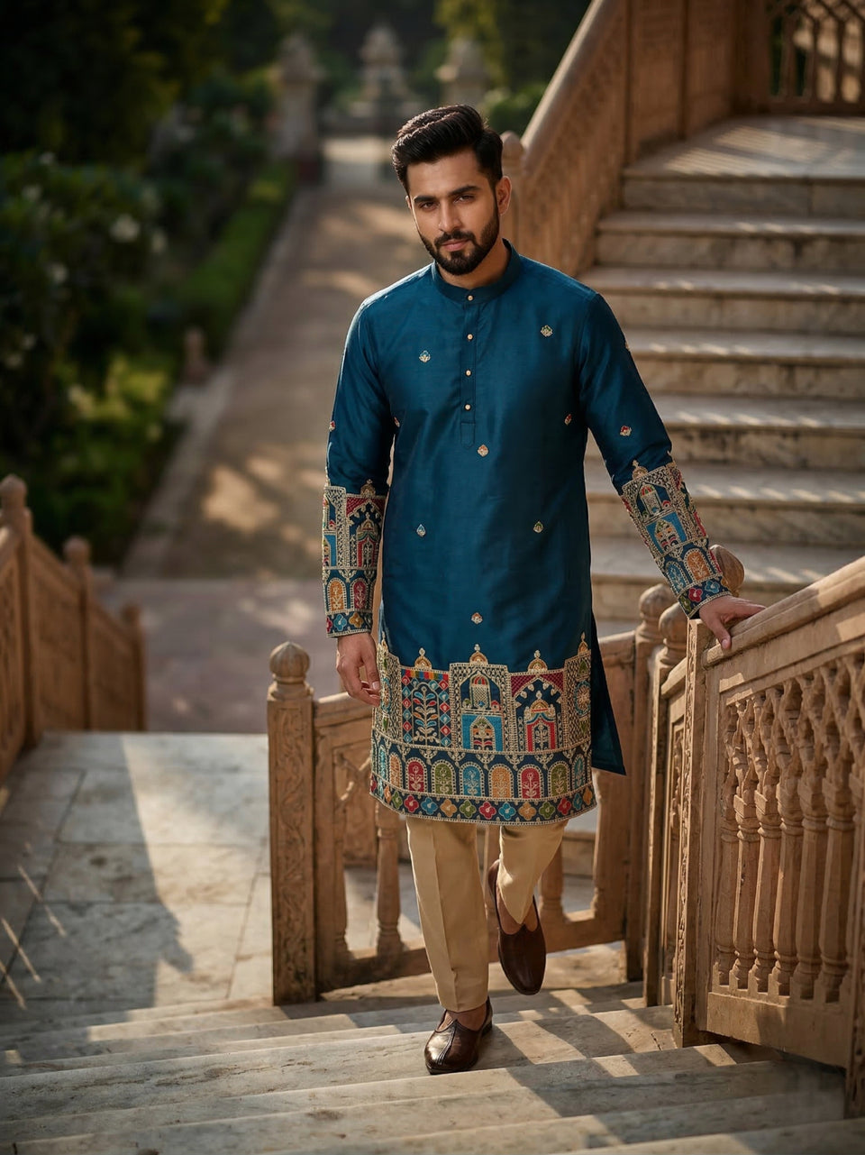 Men Blue Kurta for Festive & Wedding Wear with Ethnic Border