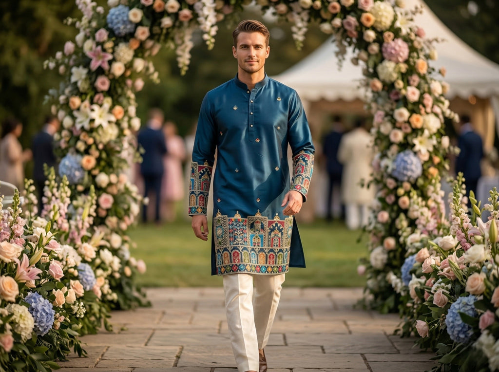 Men Blue Kurta for Festive & Wedding Wear with Ethnic Border
