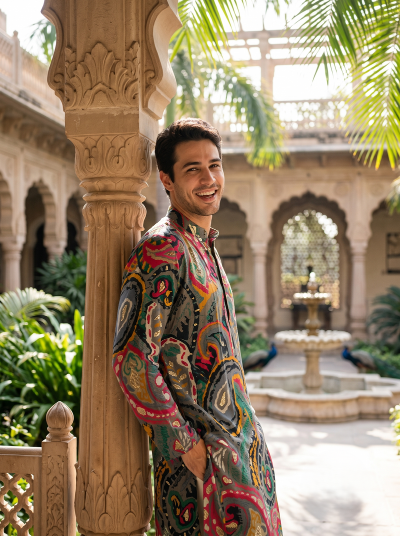 Men's Vibrant Multicolor Paisley Print Art Silk Blend Kurta 5