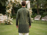 Men Olive Green Embroidered Ethnic Kurta 5