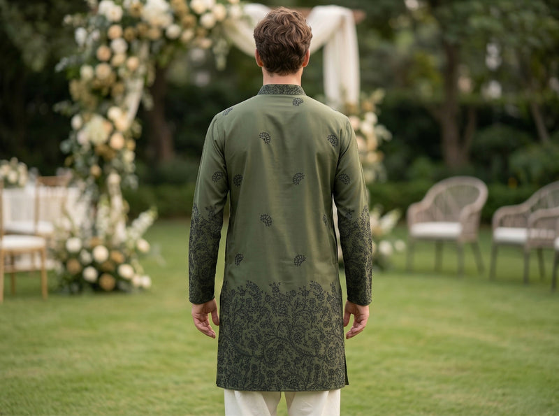 Men Olive Green Embroidered Ethnic Kurta 5