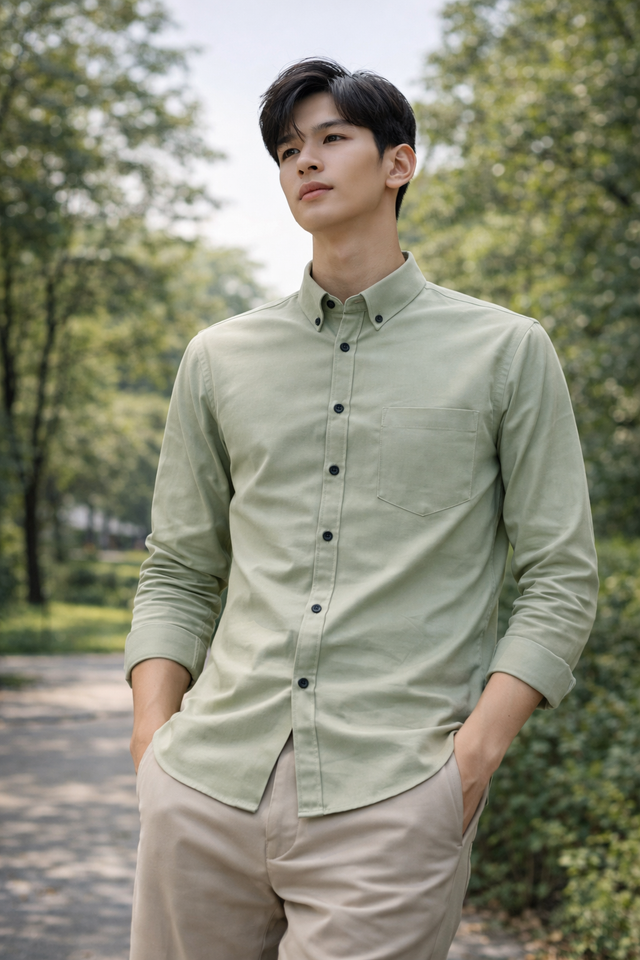 Men's sage green slim-fit casual shirt, product view