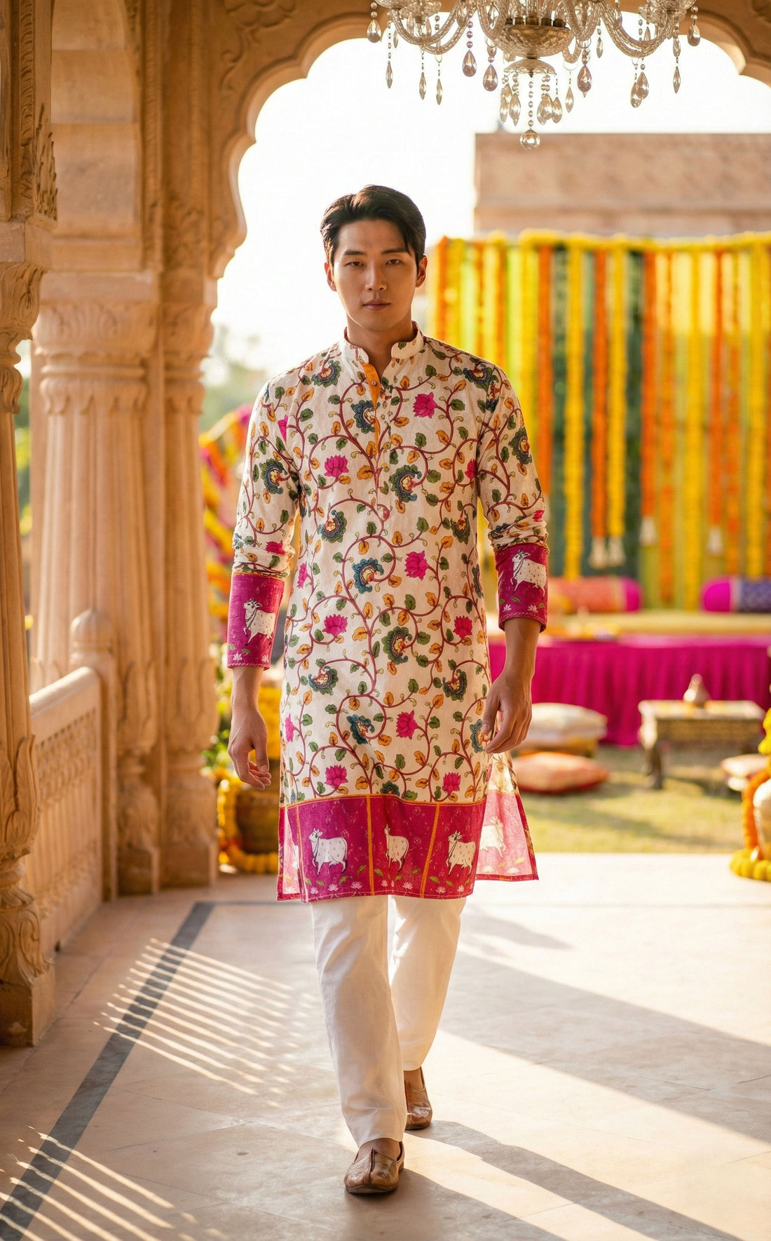Men’s Off-White Floral Border Printed Kurta