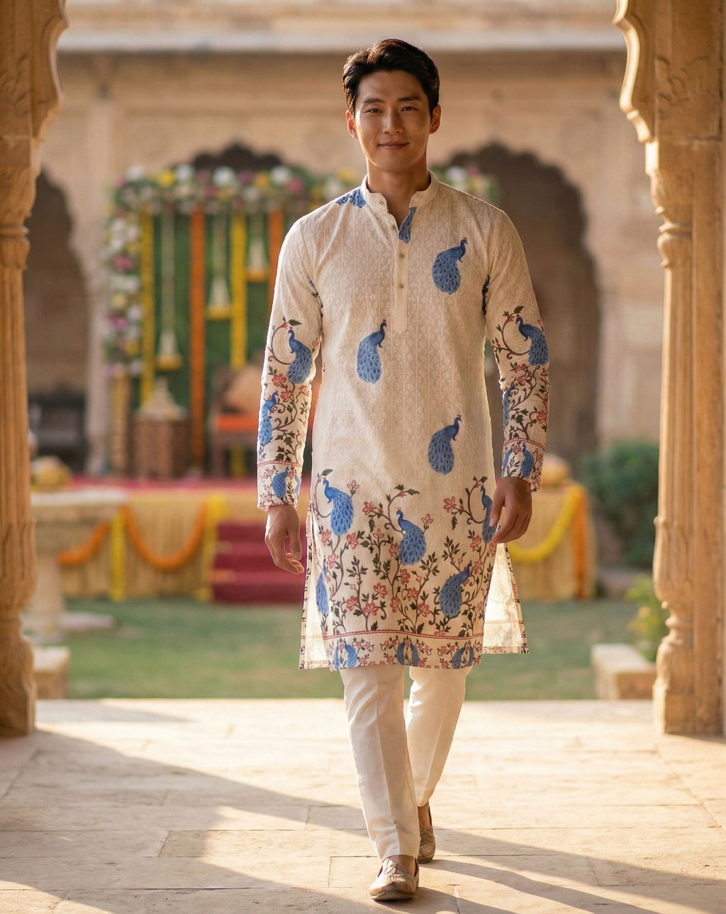 Men Cream Peacock Motif Printed Ethnic Kurta