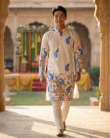 Men Cream Peacock Motif Printed Ethnic Kurta 1