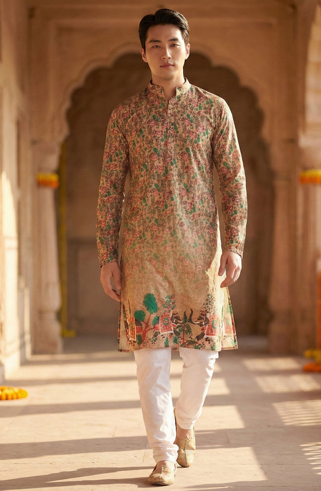 Men’s Beige Village Motif Printed Kurta