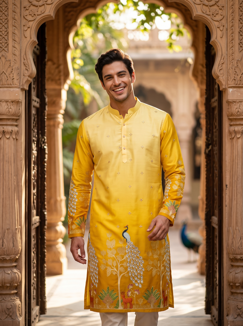 Men's Festive Yellow Ombre Art Silk Kurta with Peacock & Forest Embroidery 6
