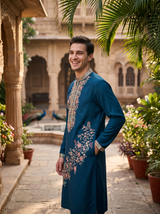 Men's Navy Blue Floral Embroidered Art Silk Blend Kurta Pyjama Set 5