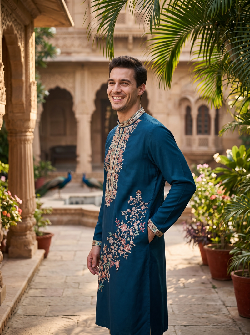 Men's Navy Blue Floral Embroidered Art Silk Blend Kurta Pyjama Set 5
