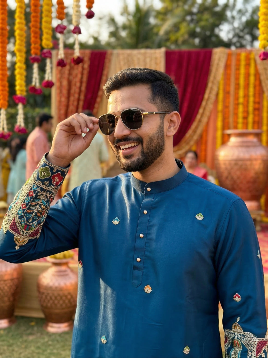 Men Blue Kurta for Festive & Wedding Wear with Ethnic Border
