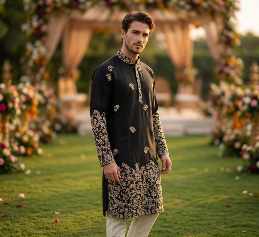 Men Black Embroidered Ethnic Kurta with Gold Detailing