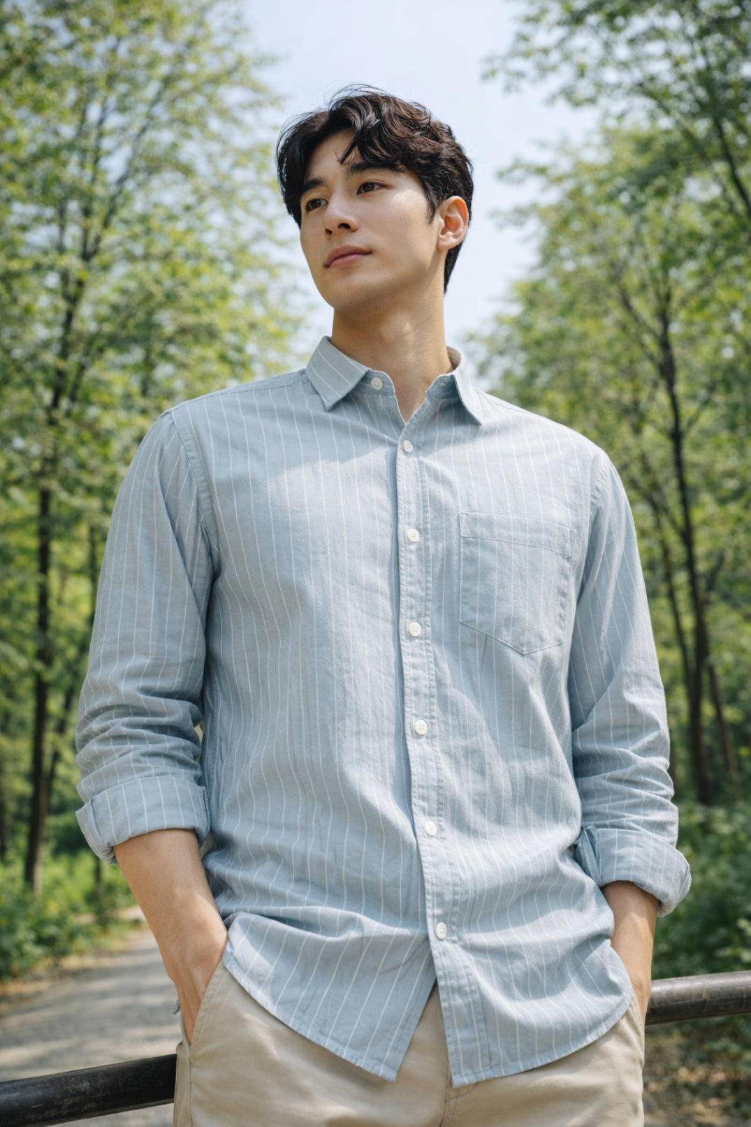 Mens Light Grey Striped Slim Fit Casual Shirt