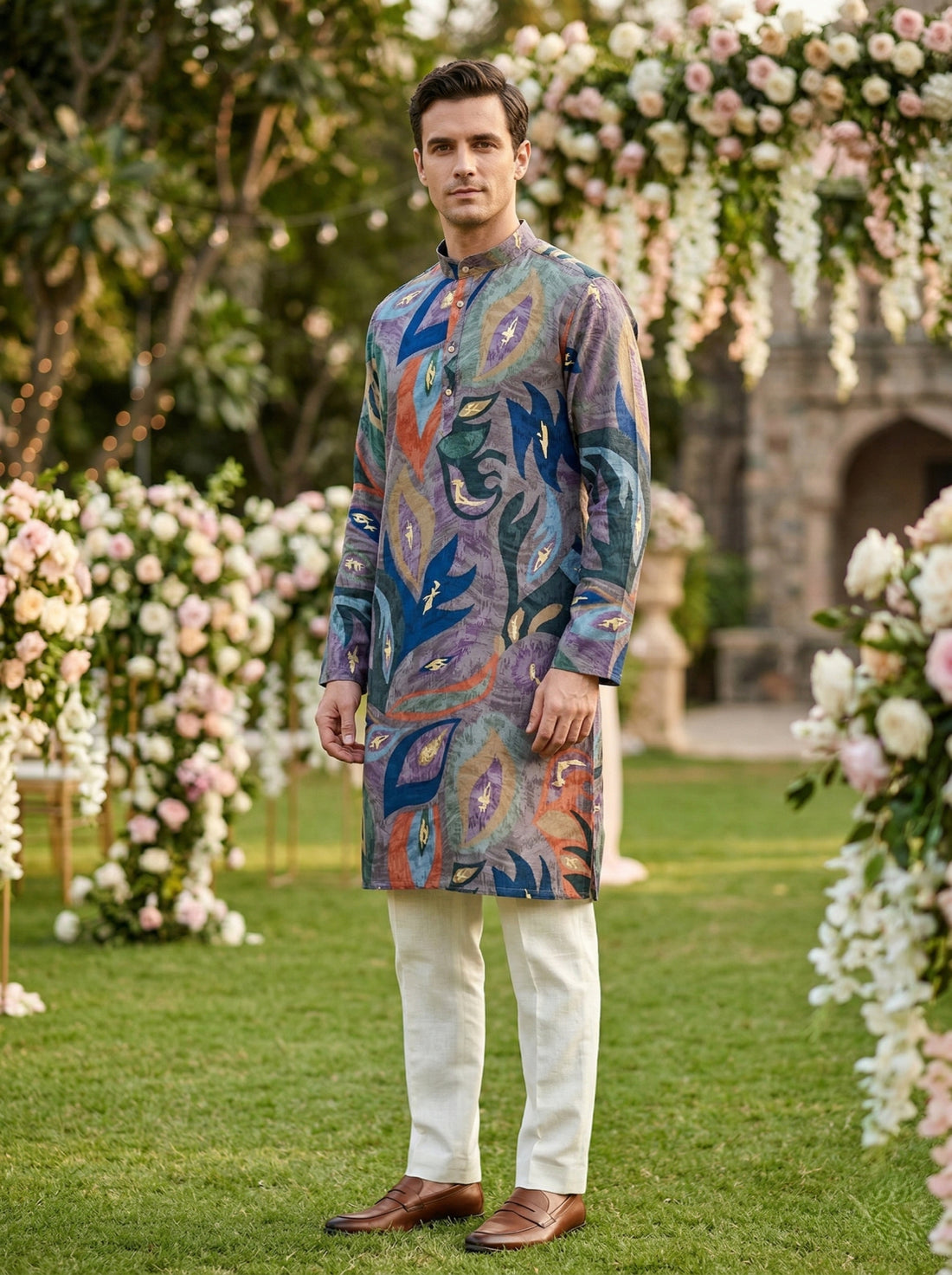 Men’s Grey Abstract Leaf Printed Kurta