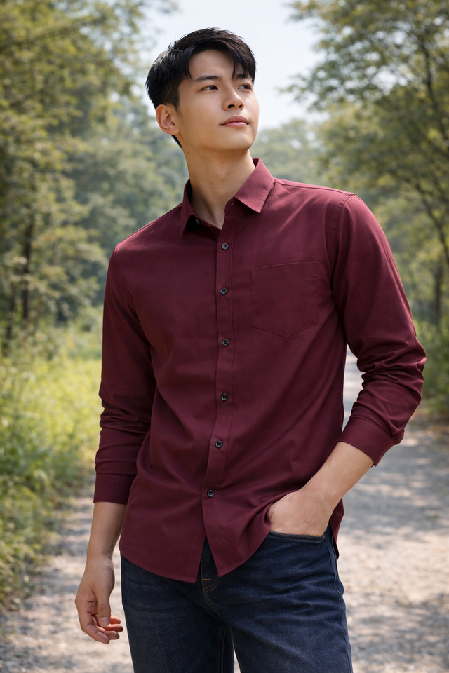 Men's maroon slim-fit casual shirt, product view