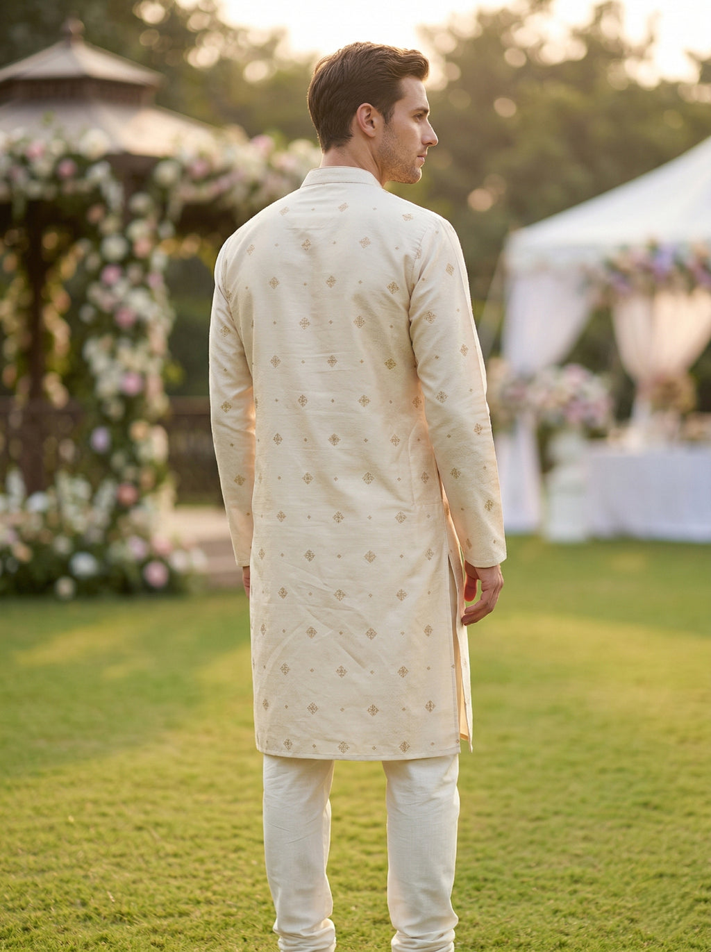 Men Cream Peacock Embroidered Ethnic Kurta with Floral Border