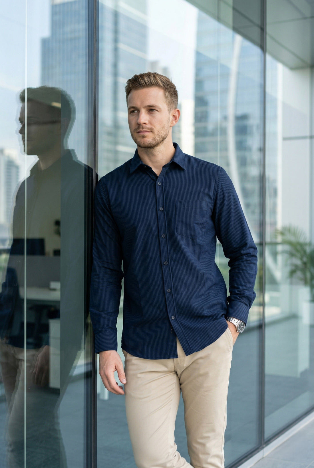 Men Navy Blue Textured Striped Slim Fit Casual Shirt