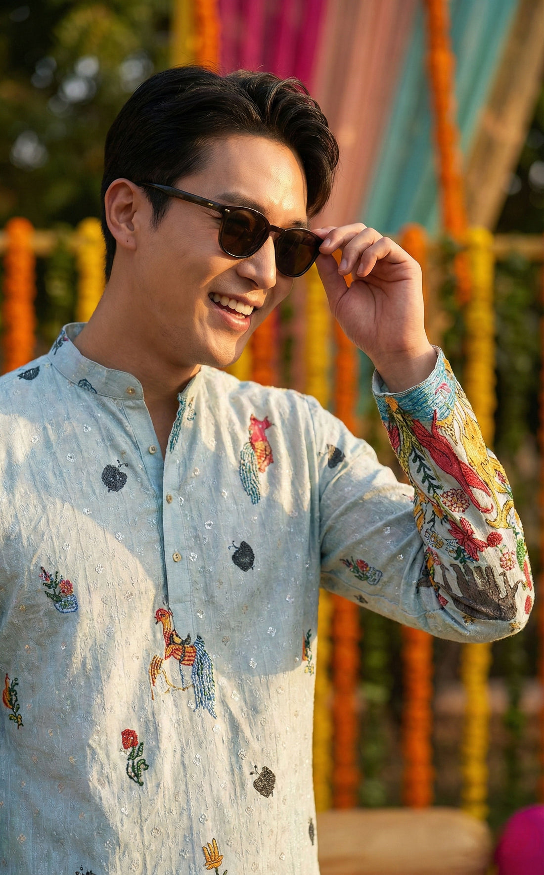 Men’s Pastel Blue Animal & Floral Printed Kurta