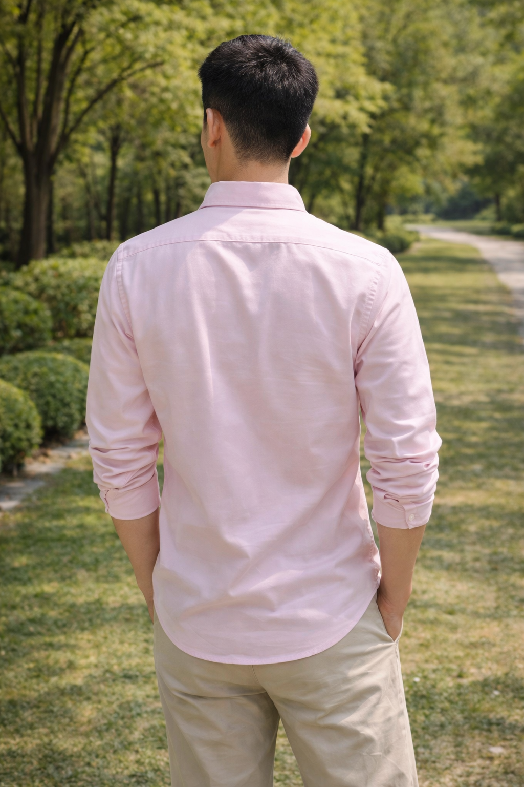 Men's light pink slim-fit casual shirt, product view