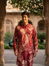 Men's Maroon Floral & Architectural Print Art Silk Blend Kurta 6