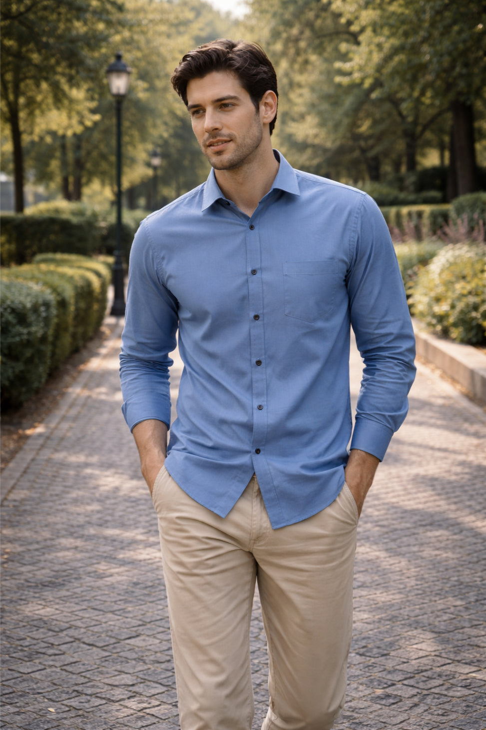 Men's light blue solid slim-fit shirt, product view