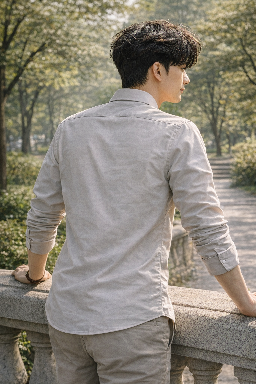 Men's cream slim-fit casual shirt, product view